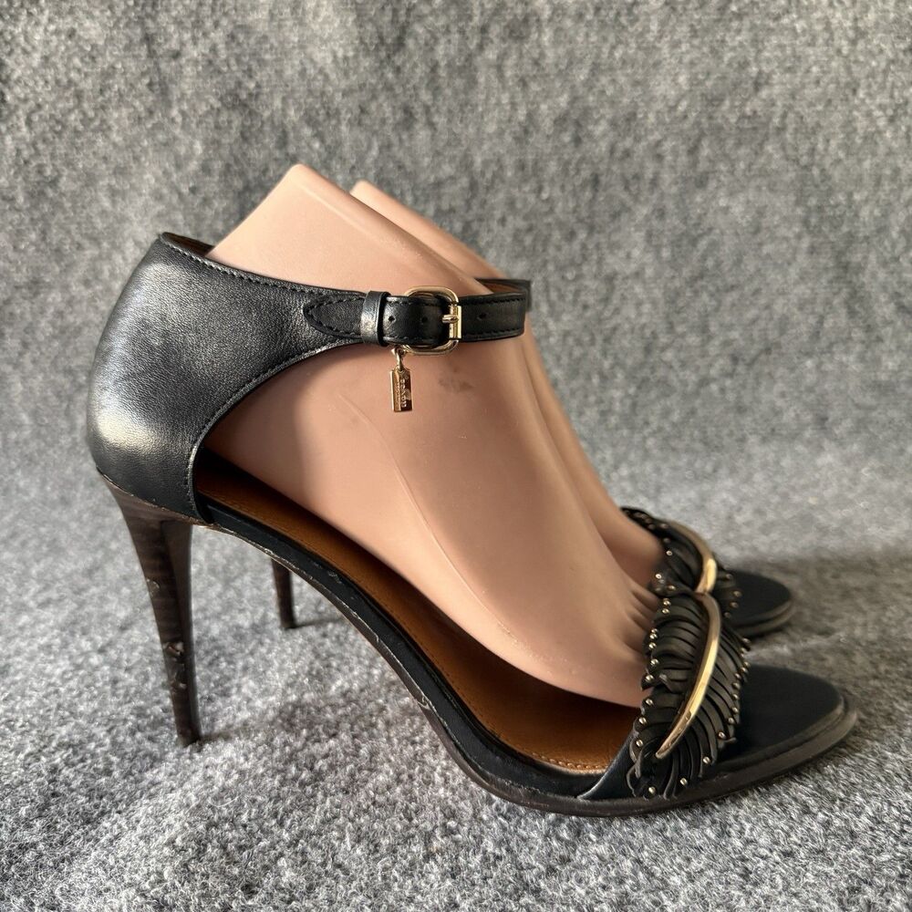 Coach Isabella Black Feather Studded Ankle Strap Strappy Leather Heel 10B - Picture 2 of 13